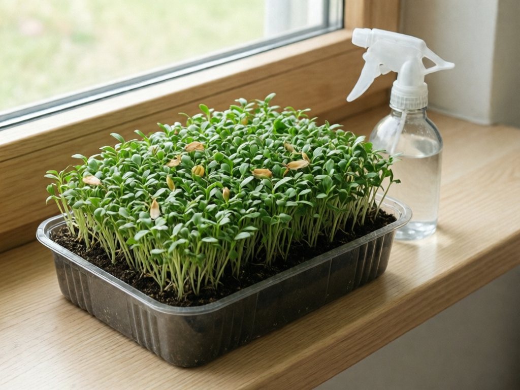 Shallow tray of dense green microgreens on a windowsill beside a spray bottle
