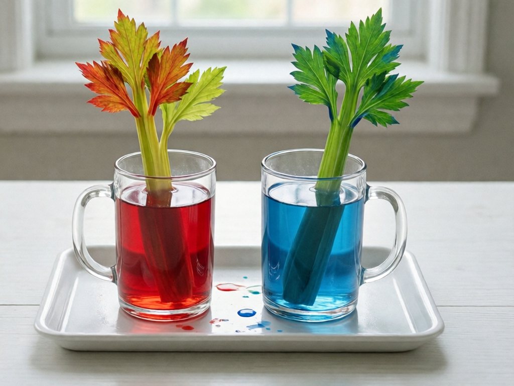 Two celery stalks in red and blue water with leaves tinted to match