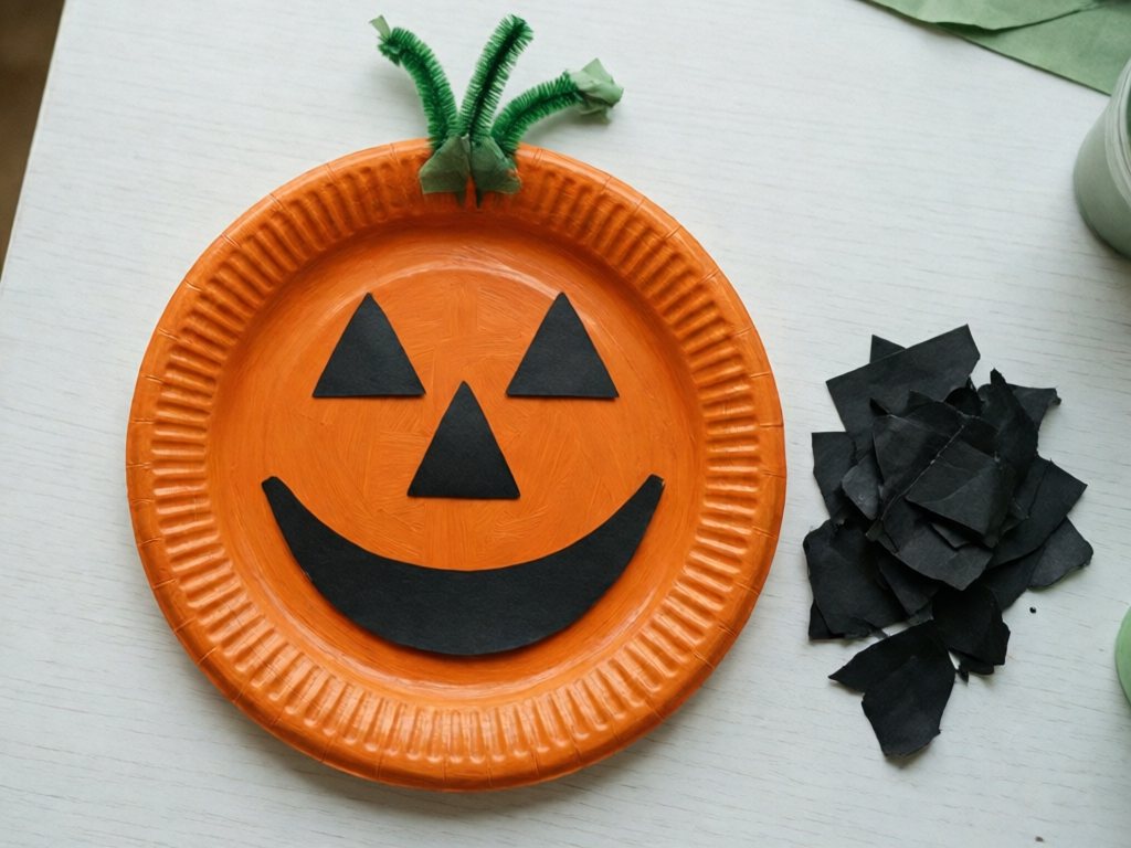 Orange paper plate pumpkin with green pipe cleaner stem, black paper triangle nose and curved smile