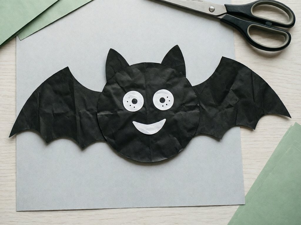 Black paper bag bat with curved wings, white paper eyes and a rounded white smile on a gray table