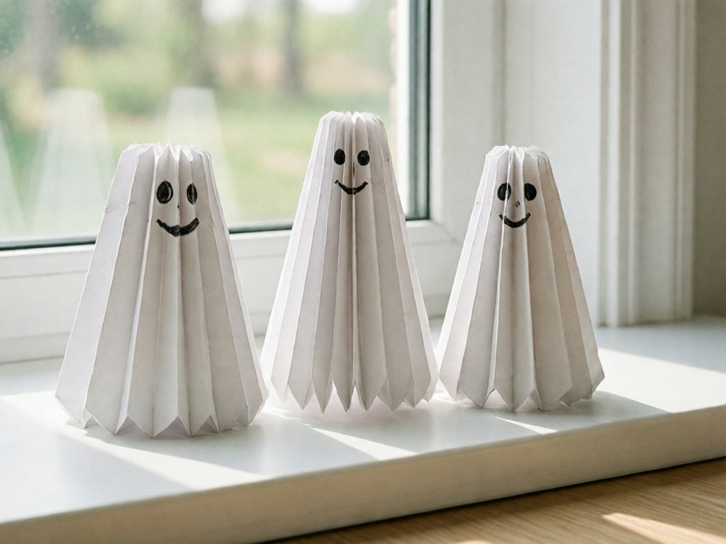 Three accordion-folded white paper ghosts with marker faces standing on a white shelf