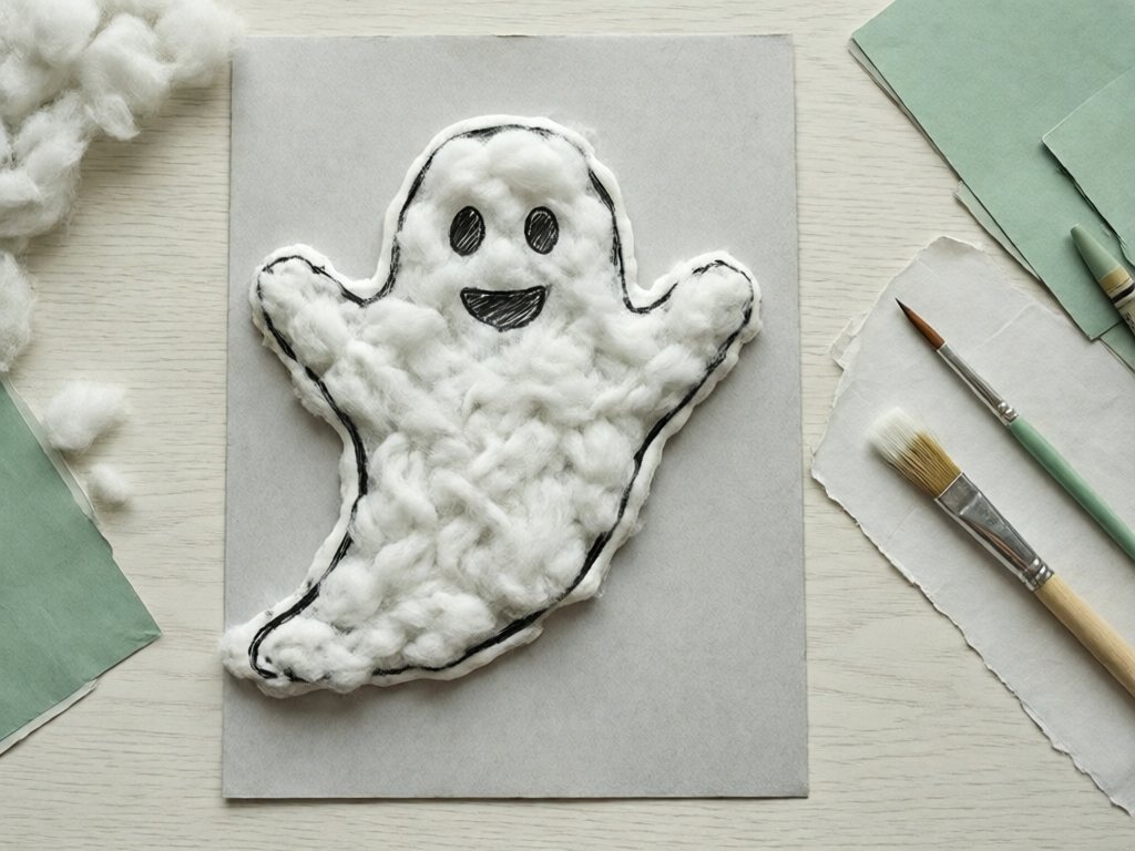 Ghost outline on gray cardstock filled with fluffy white cotton balls and a drawn face