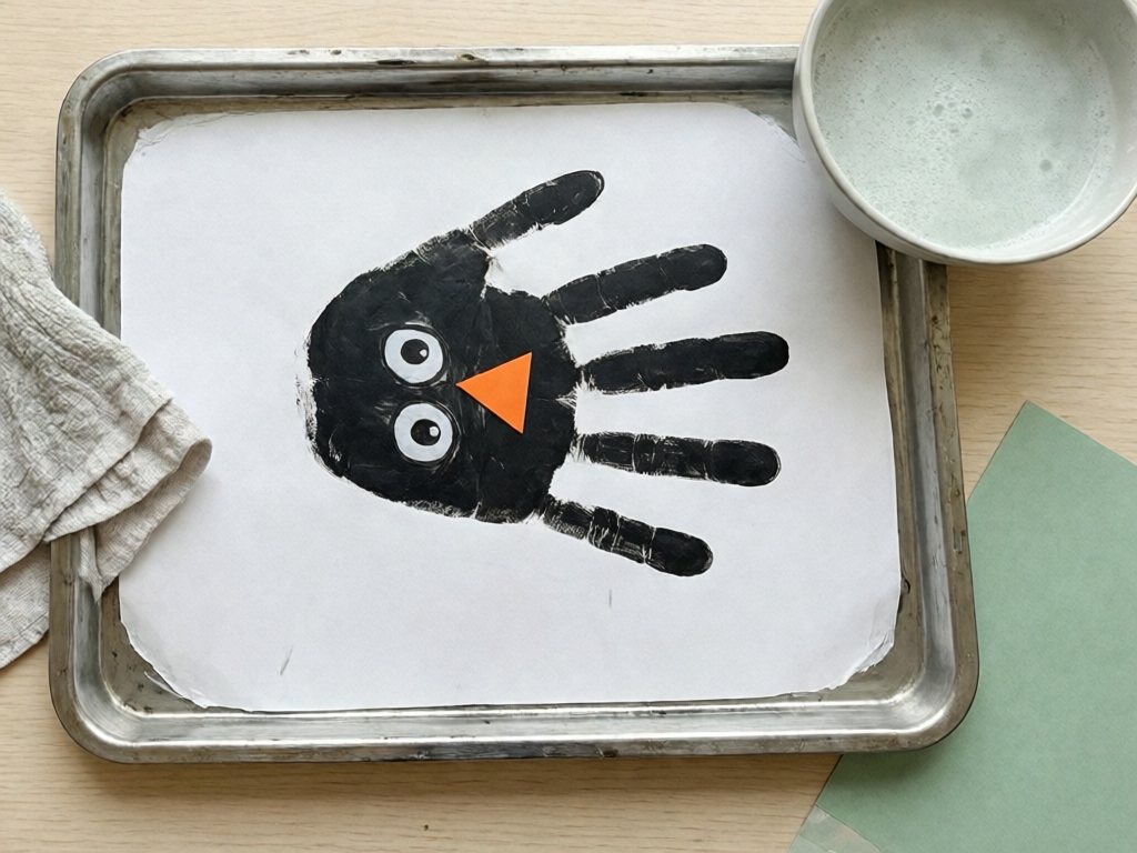 Black handprint bat on white paper with drawn eyes and orange triangle nose beside a damp cloth