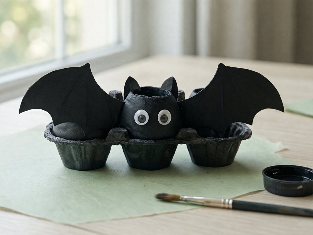 Black egg carton bat with rounded paper wings and two googly eyes on a pale table