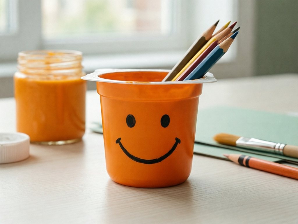 Orange painted yogurt cup with a smiling face holding colored pencils on a desk