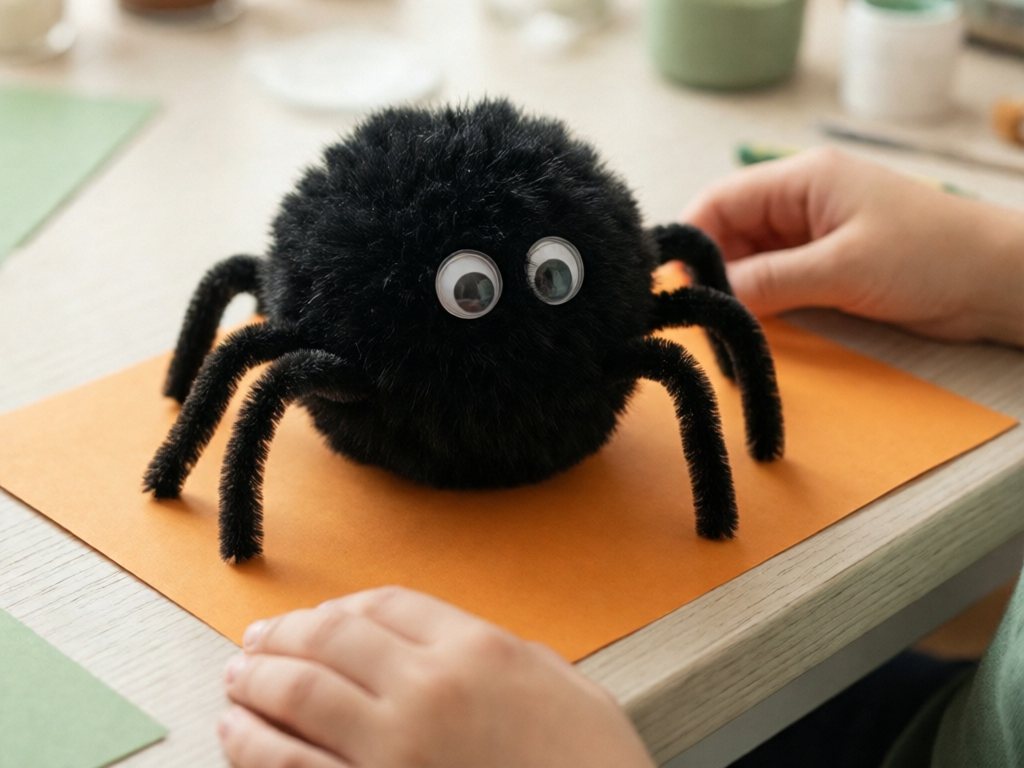 Black pom-pom spider with pipe cleaner legs and two googly eyes on orange paper