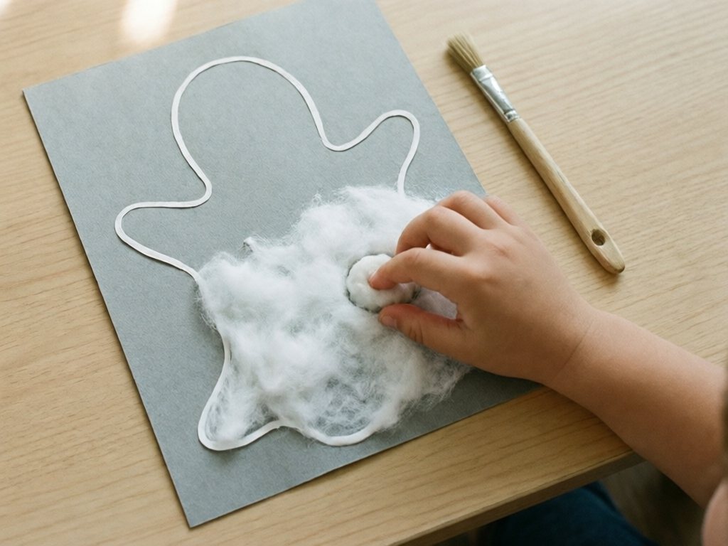 Child's hand pressing a cotton ball onto a glued ghost outline on gray cardstock, with a glue brush beside the page