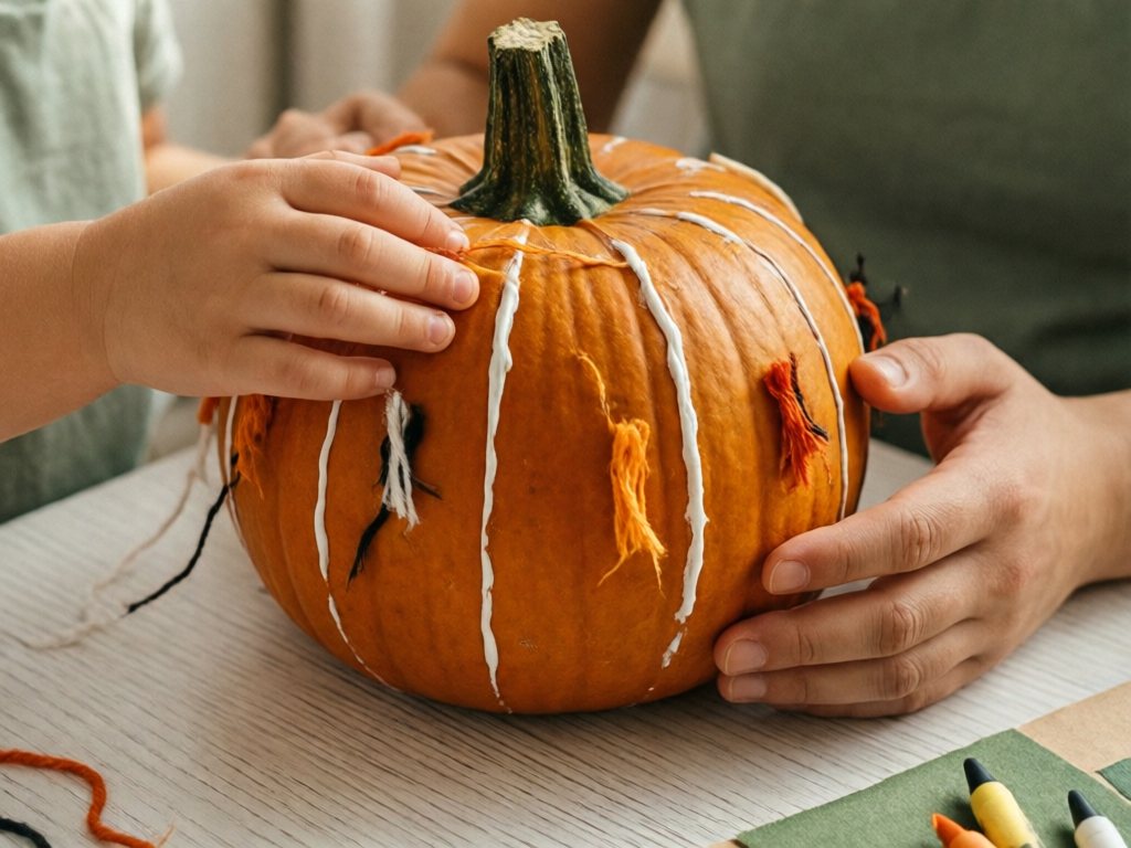 Small pumpkin with short orange, white and black yarn pieces pressed onto lines of glue, with a child's hand placing one piece and an adult's hand nearby