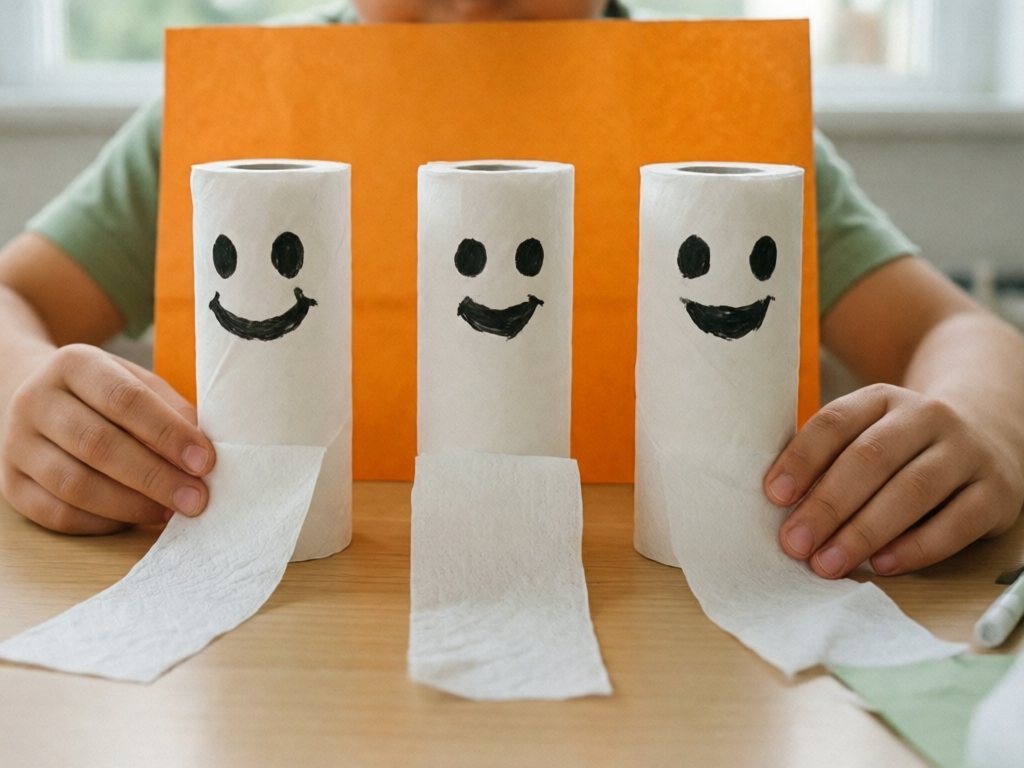 Three white toilet paper tube ghosts with marker faces and tissue tails standing in a row