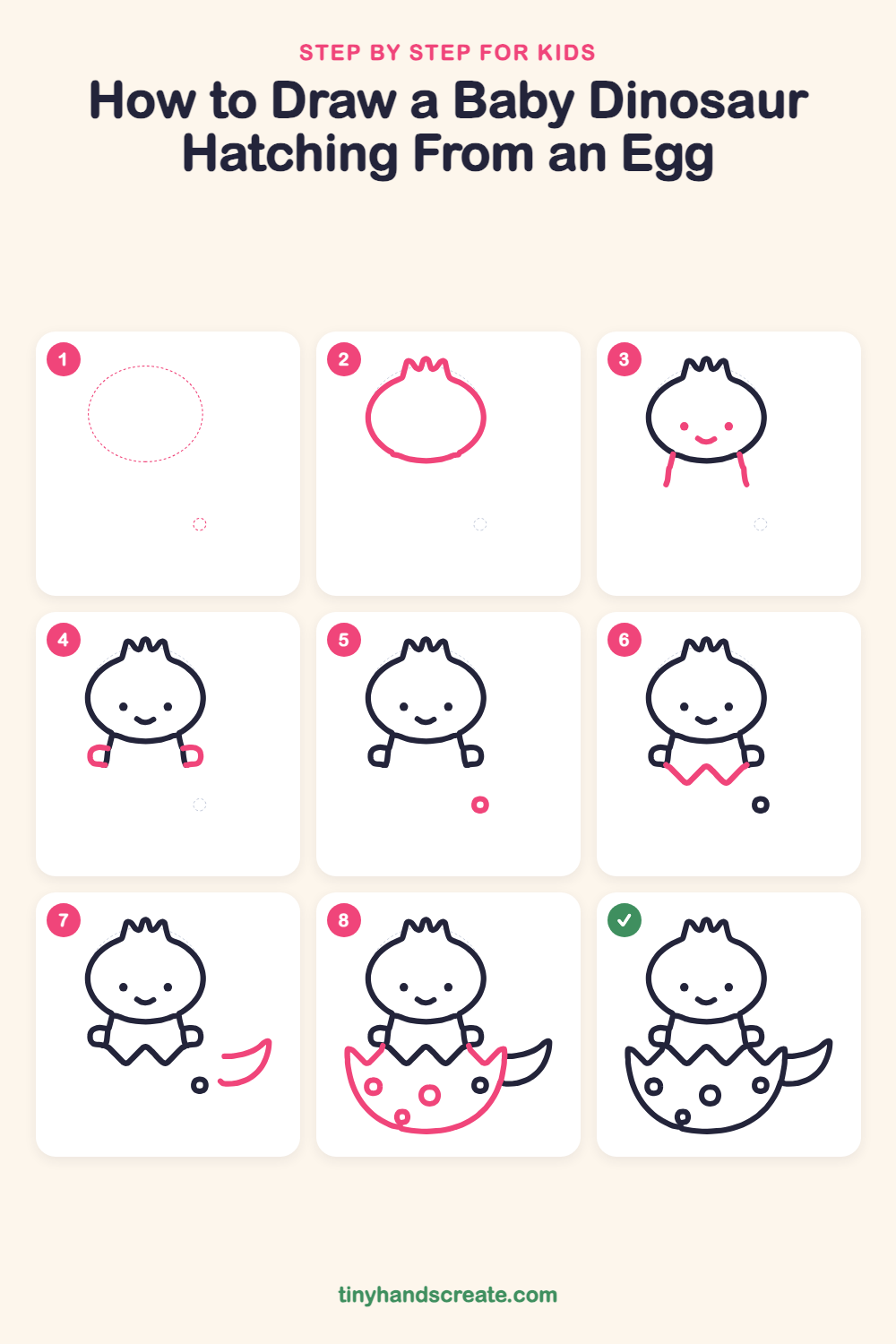 How to draw a baby dinosaur hatching from an egg step by step for kids