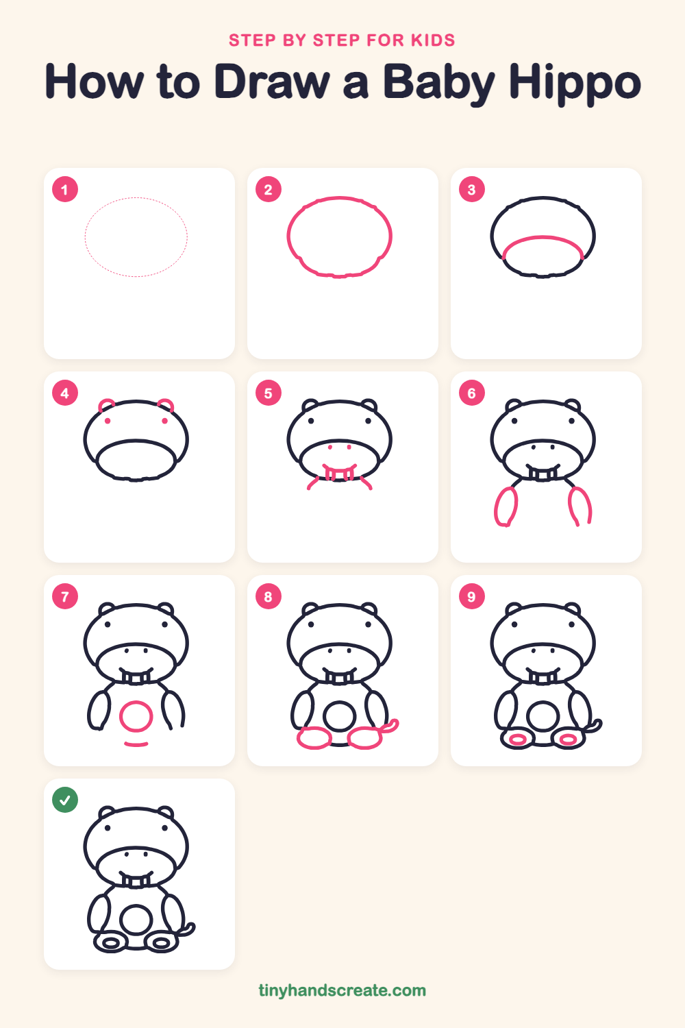 How to draw a baby hippo step by step for kids