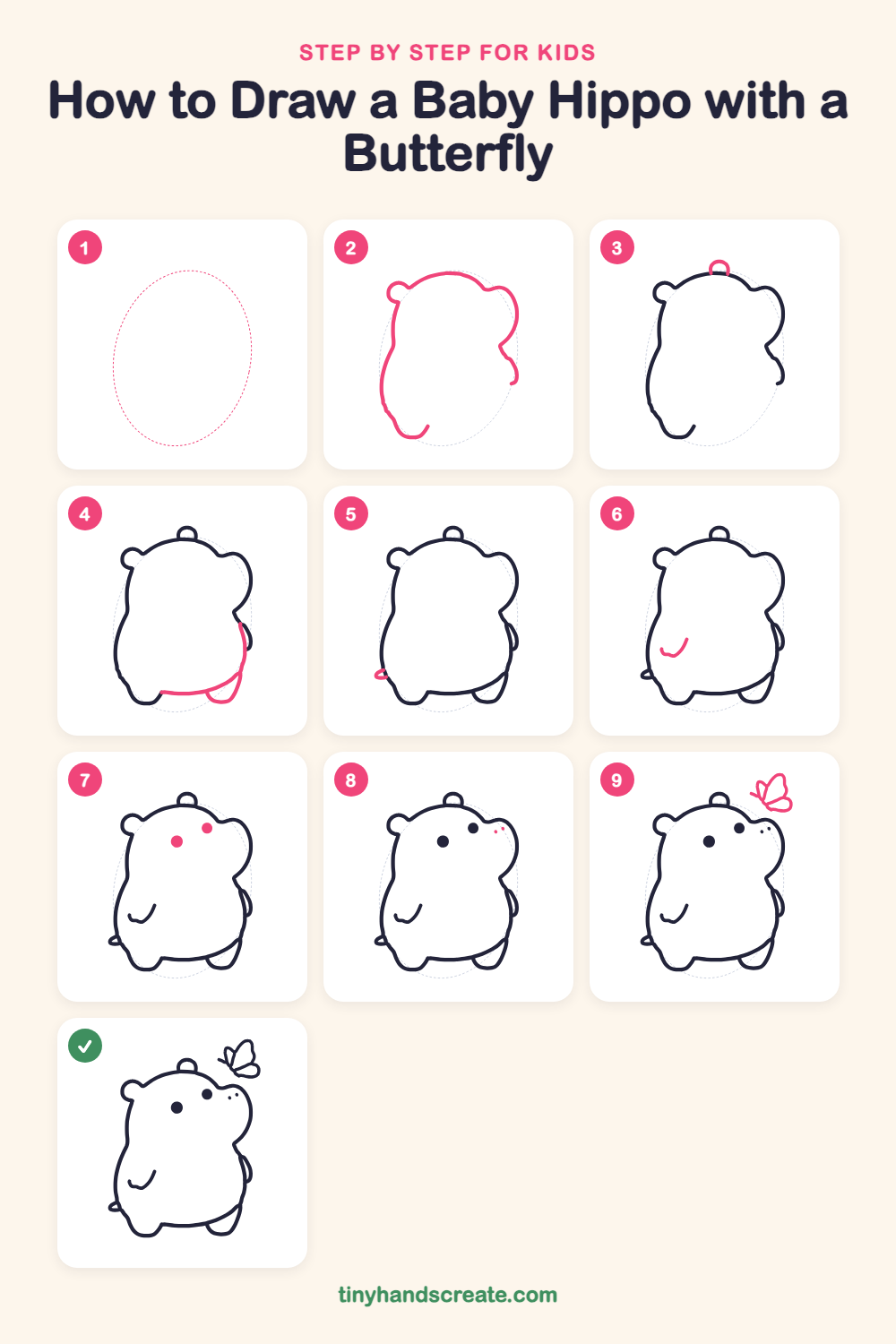 How to draw a baby hippo with a butterfly step by step for kids