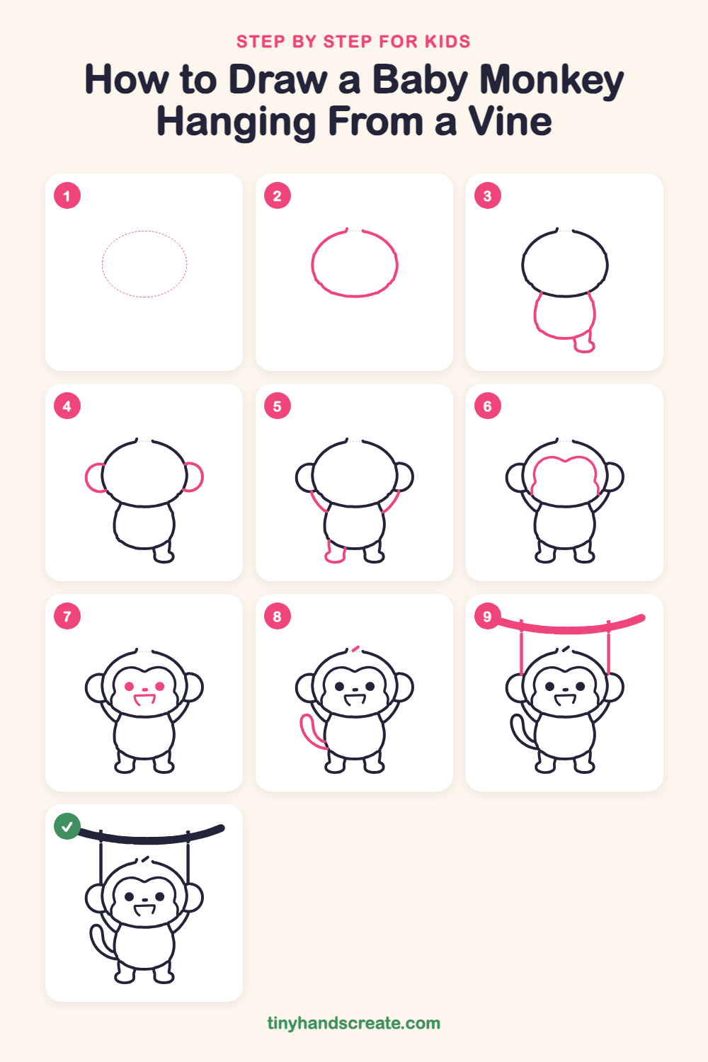 How to draw a baby monkey hanging from a vine step by step for kids