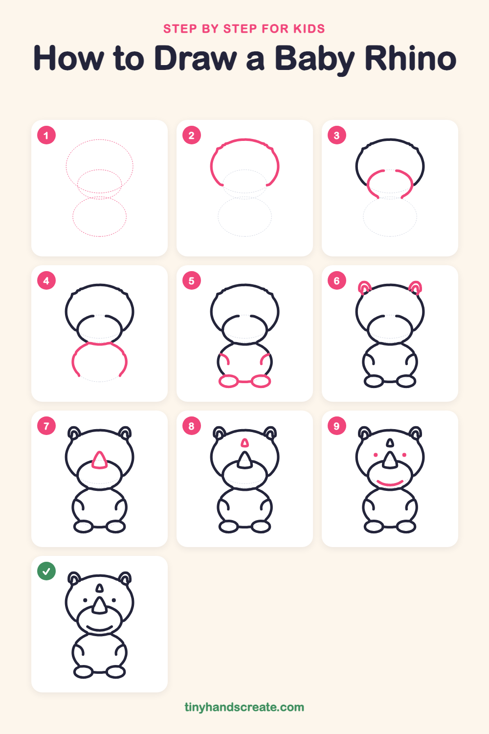 How to draw a baby rhino step by step for kids