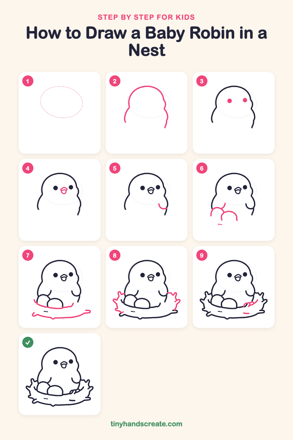 How to draw a baby robin in a nest step by step for kids