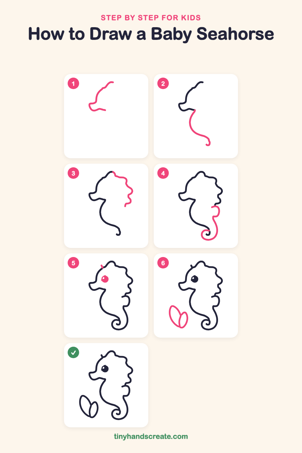 How to draw a baby seahorse step by step for kids