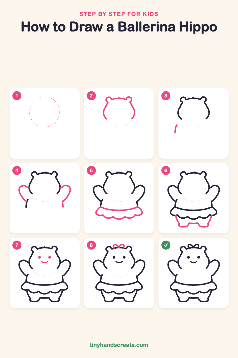 How to draw a ballerina hippo step by step for kids