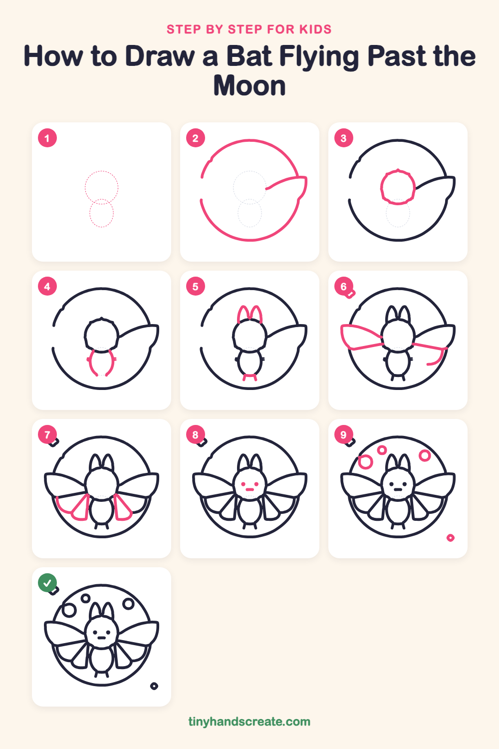 How to draw a bat flying past the moon step by step for kids