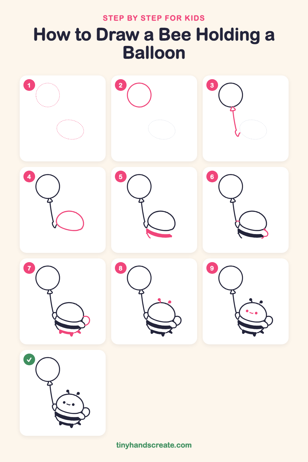 How to draw a bee holding a balloon step by step for kids