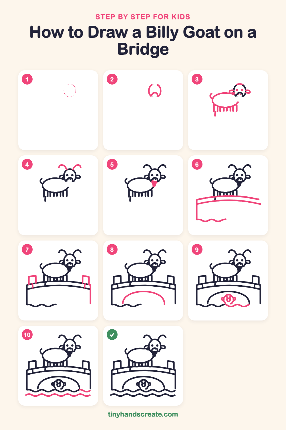 How to draw a billy goat on a bridge step by step for kids