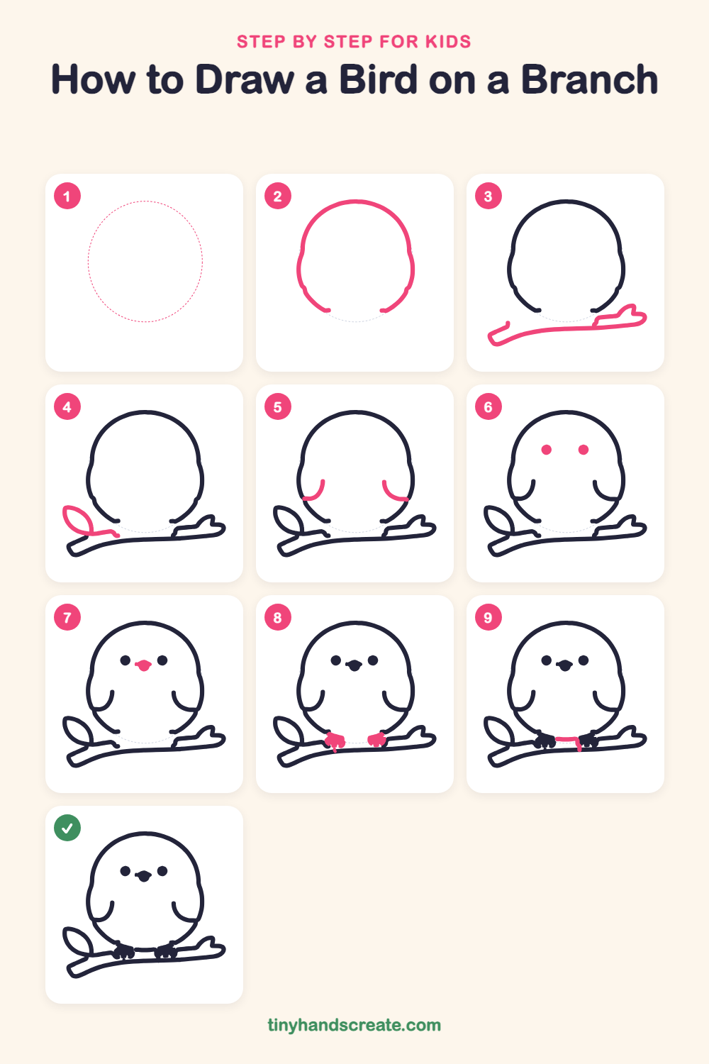 How to draw a bird on a branch step by step for kids