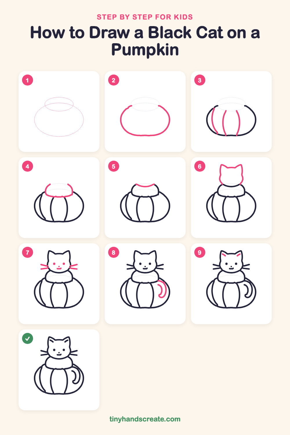 How to draw a black cat on a pumpkin step by step for kids