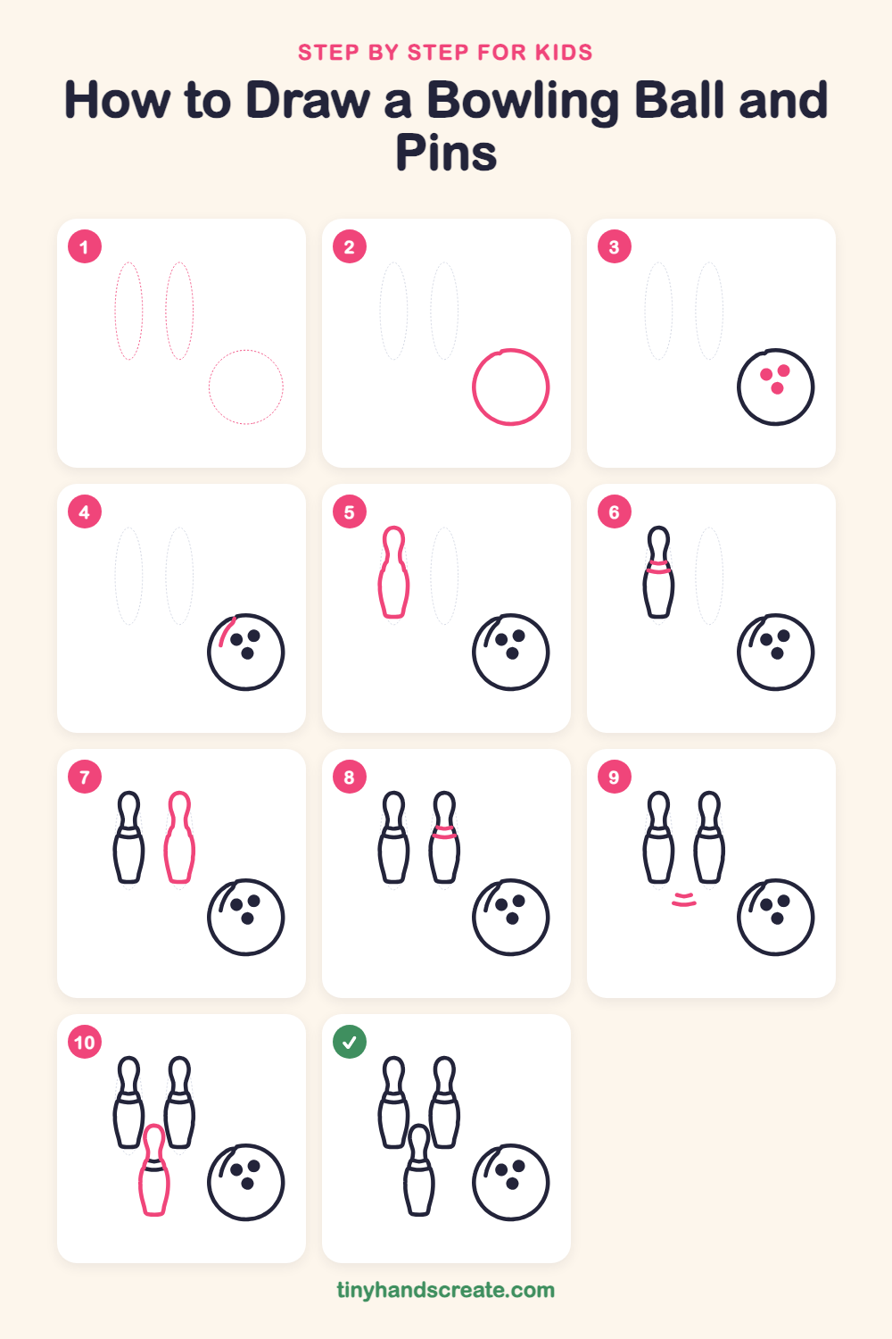 How to draw a bowling ball and pins step by step for kids
