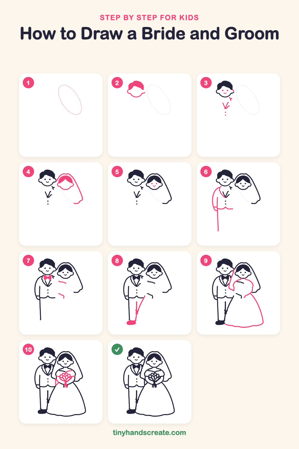 How to draw a bride and groom step by step for kids