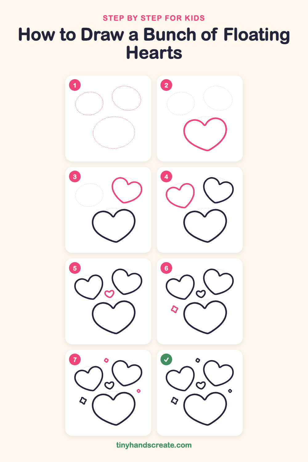 How to draw a bunch of floating hearts step by step for kids