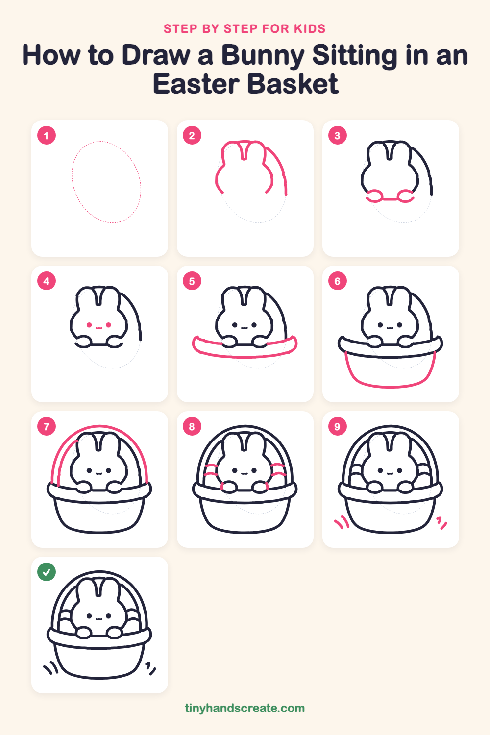 How to draw a bunny sitting in an Easter basket step by step for kids
