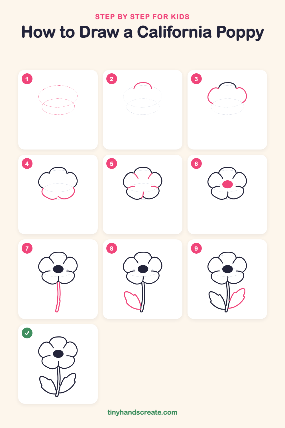 How to draw a California poppy step by step for kids