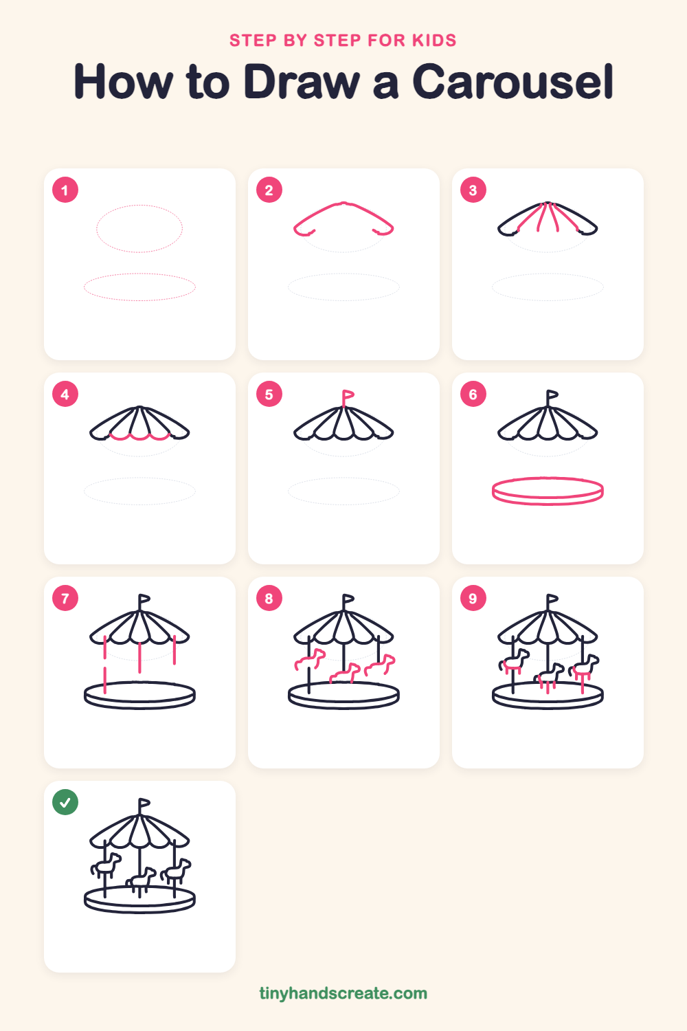 How to draw a carousel step by step for kids