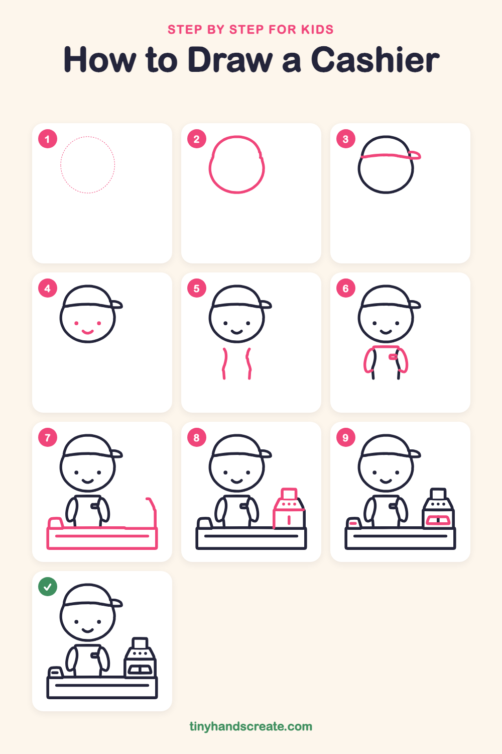 How to draw a cashier step by step for kids