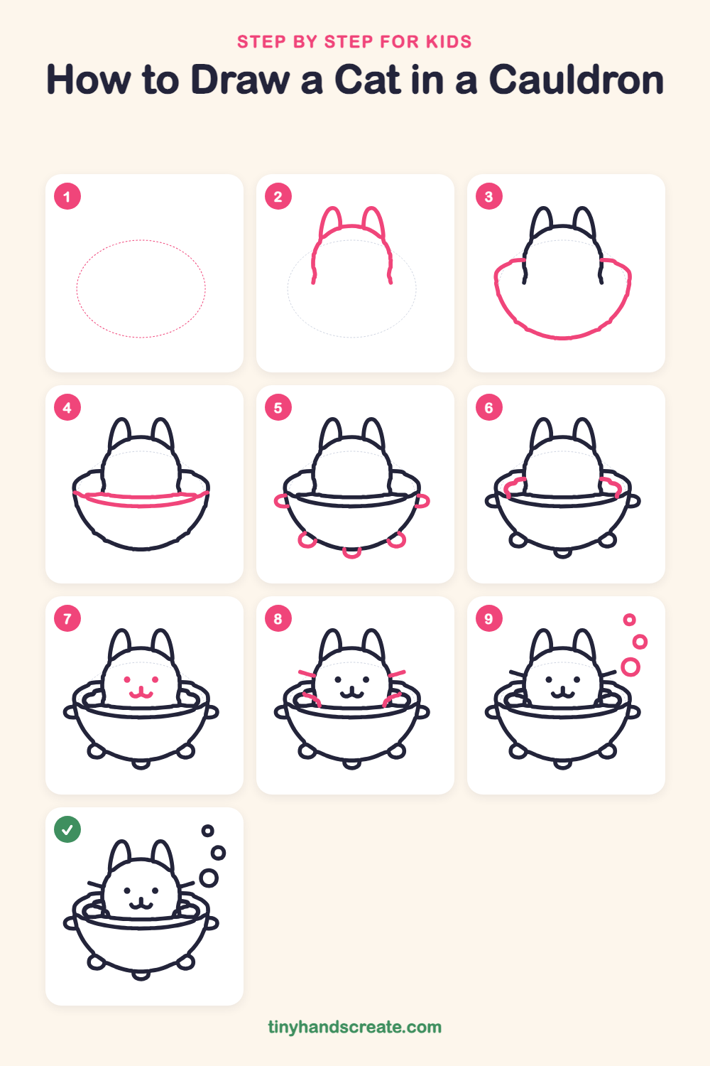 How to draw a cat in a cauldron step by step for kids