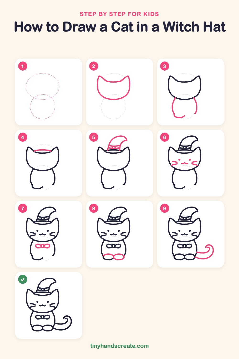 How to draw a cat in a witch hat step by step for kids