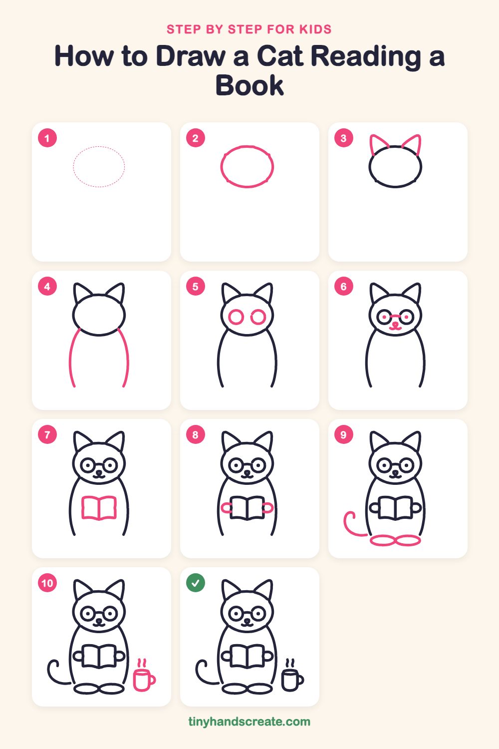 How to draw a cat reading a book step by step for kids
