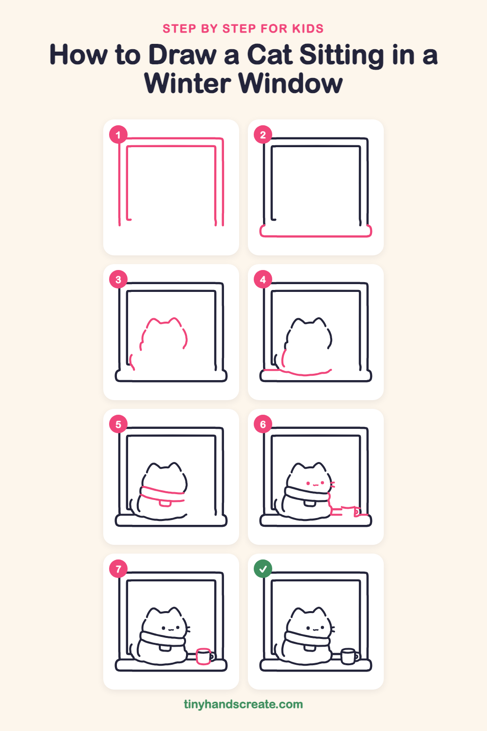 How to draw a cat sitting in a winter window step by step for kids