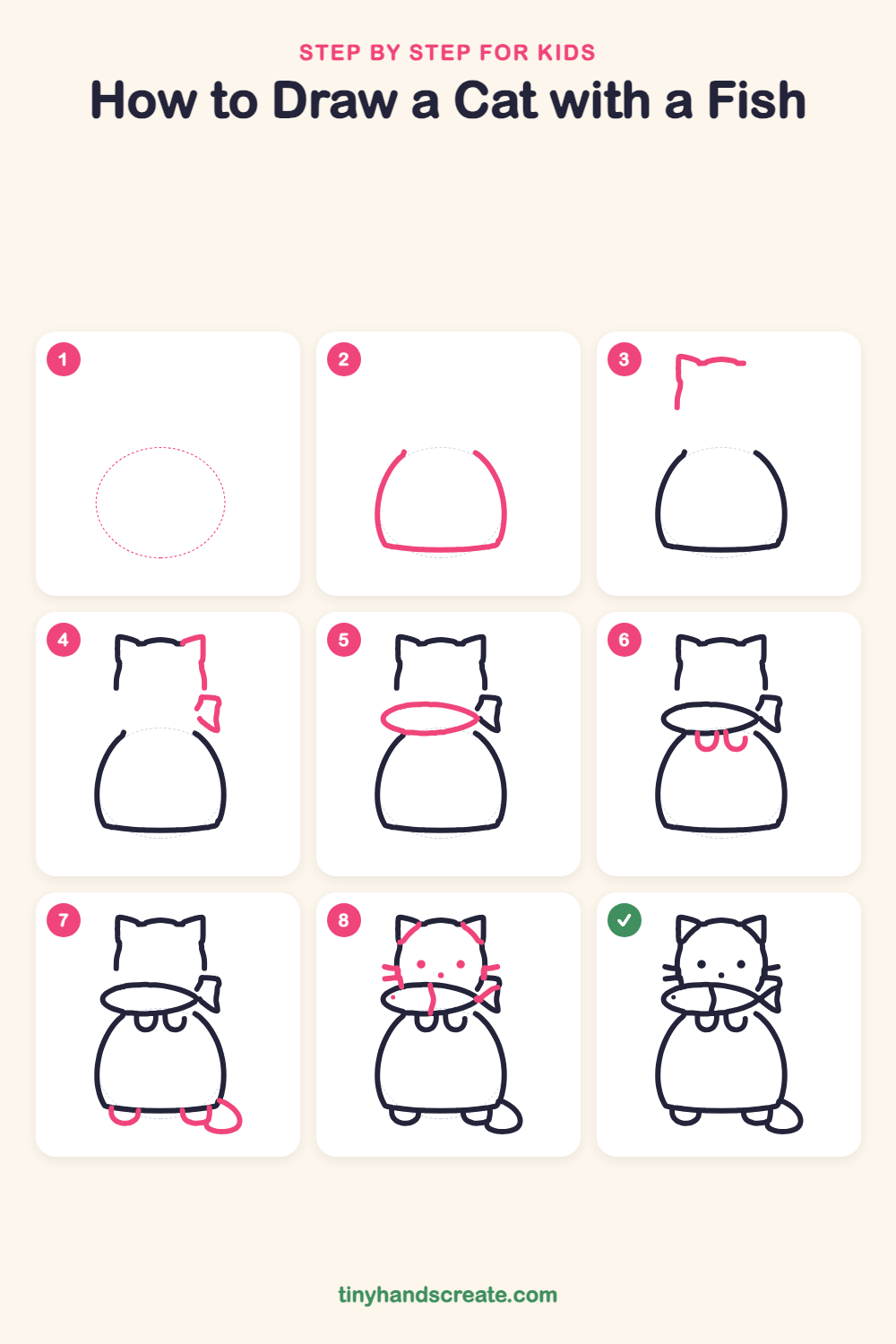 How to draw a cat with a fish step by step for kids