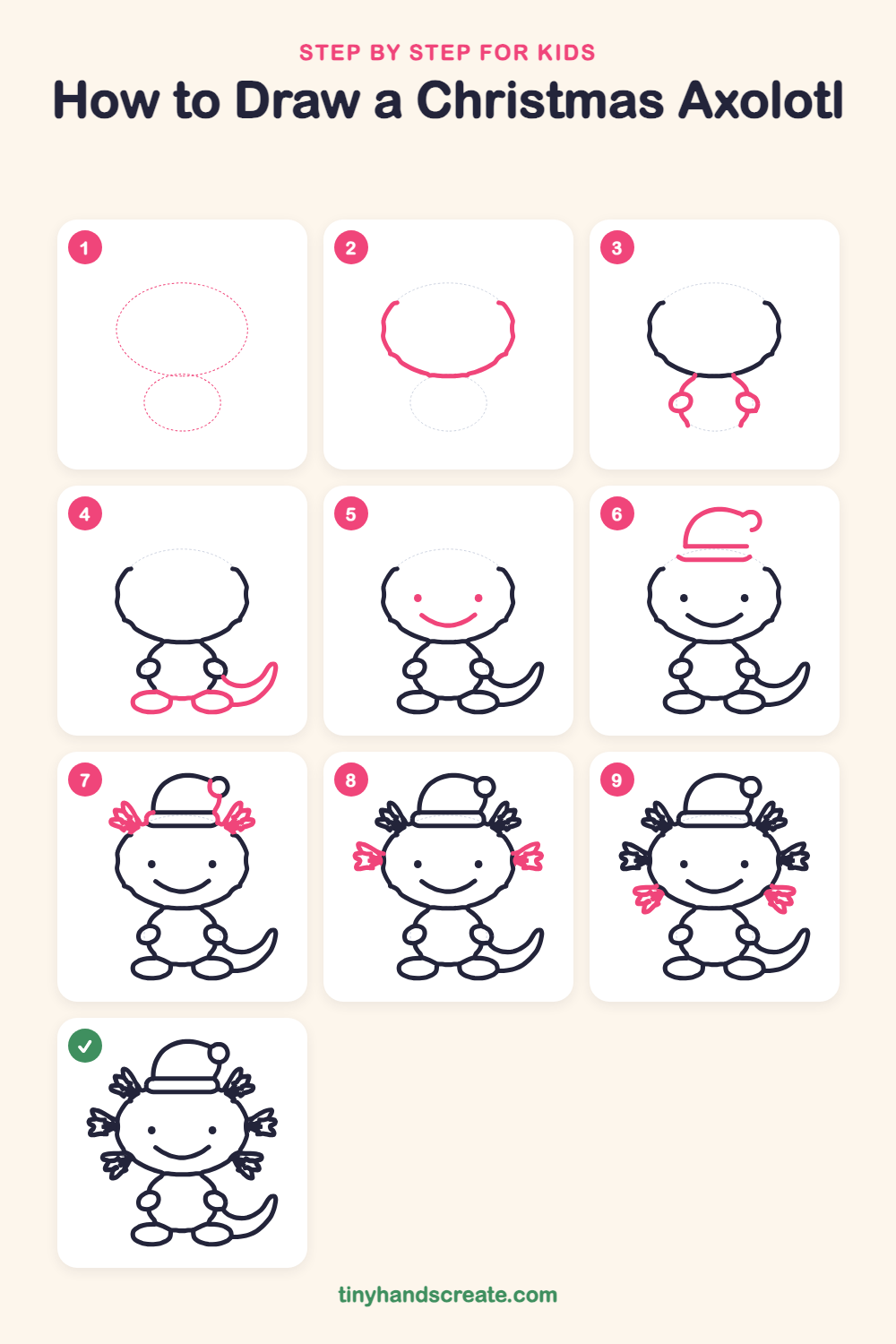 How to draw a Christmas axolotl step by step for kids