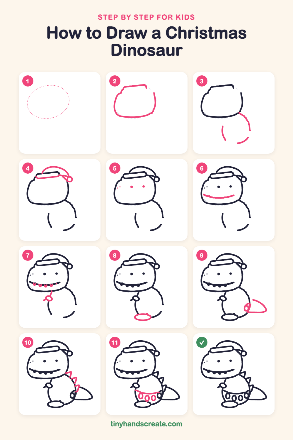How to draw a Christmas dinosaur step by step for kids