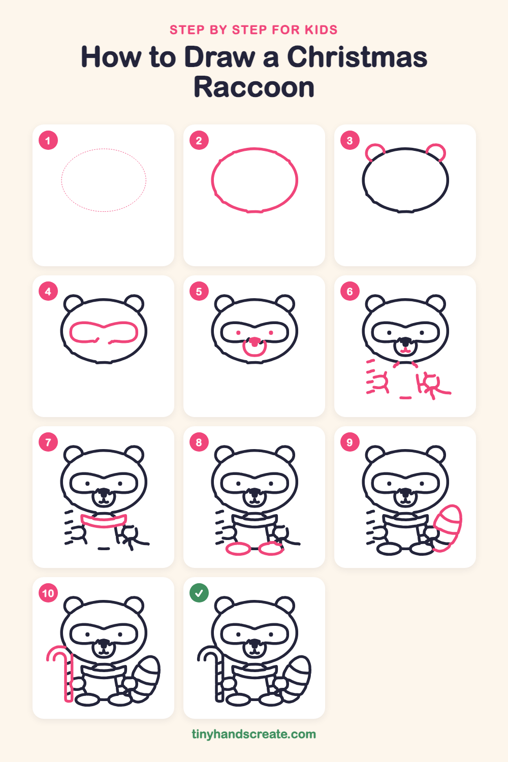 How to draw a Christmas raccoon step by step for kids