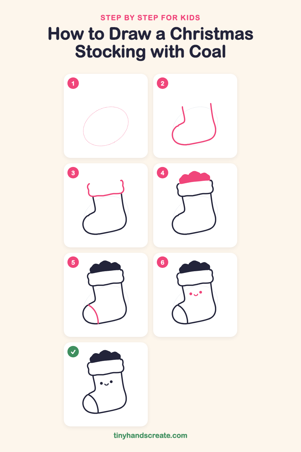 How to draw a Christmas stocking with coal step by step for kids