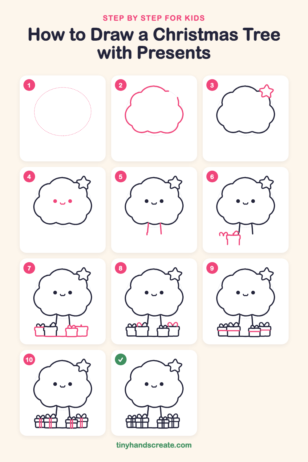 How to draw a Christmas tree with presents step by step for kids