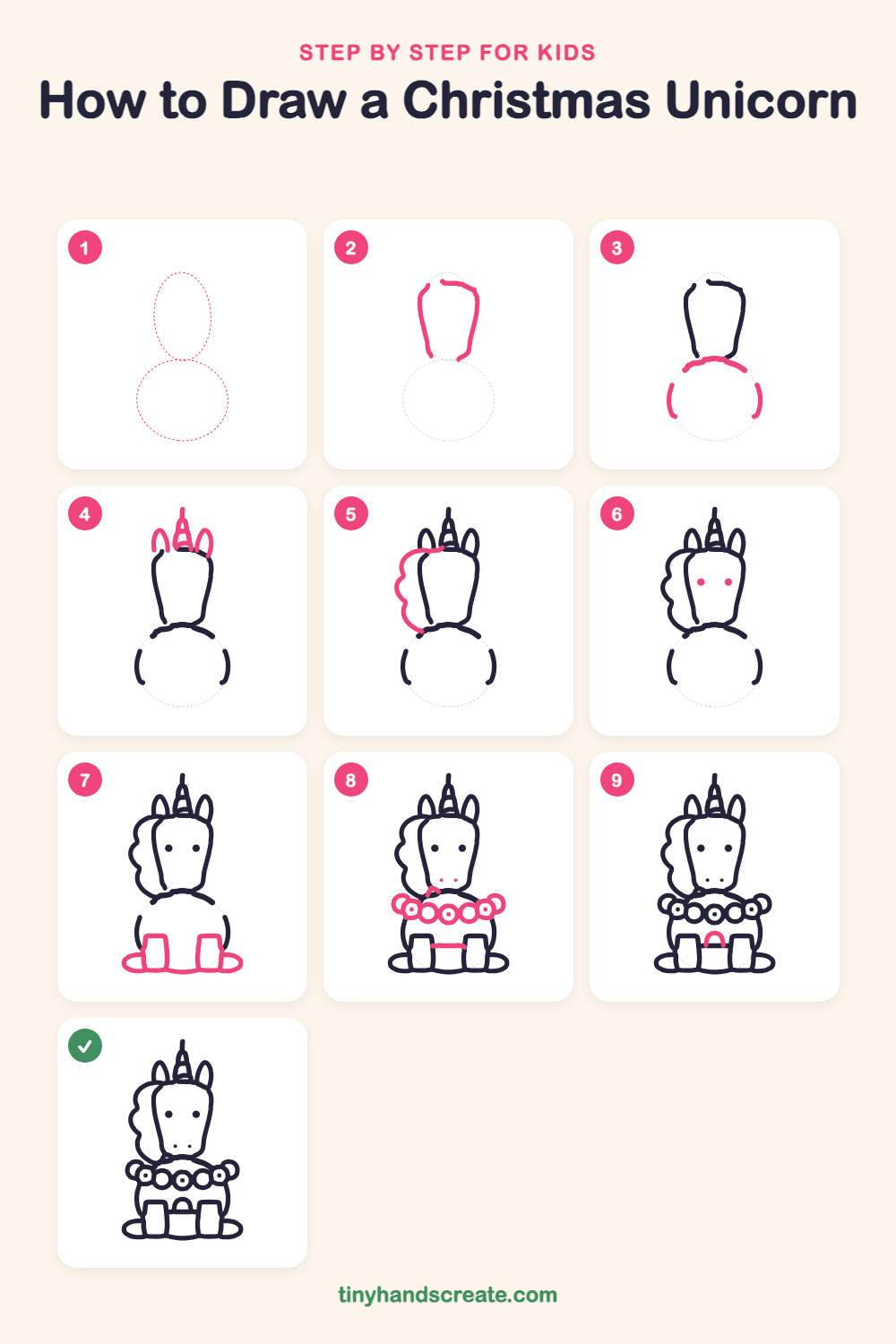 How to draw a Christmas unicorn step by step for kids