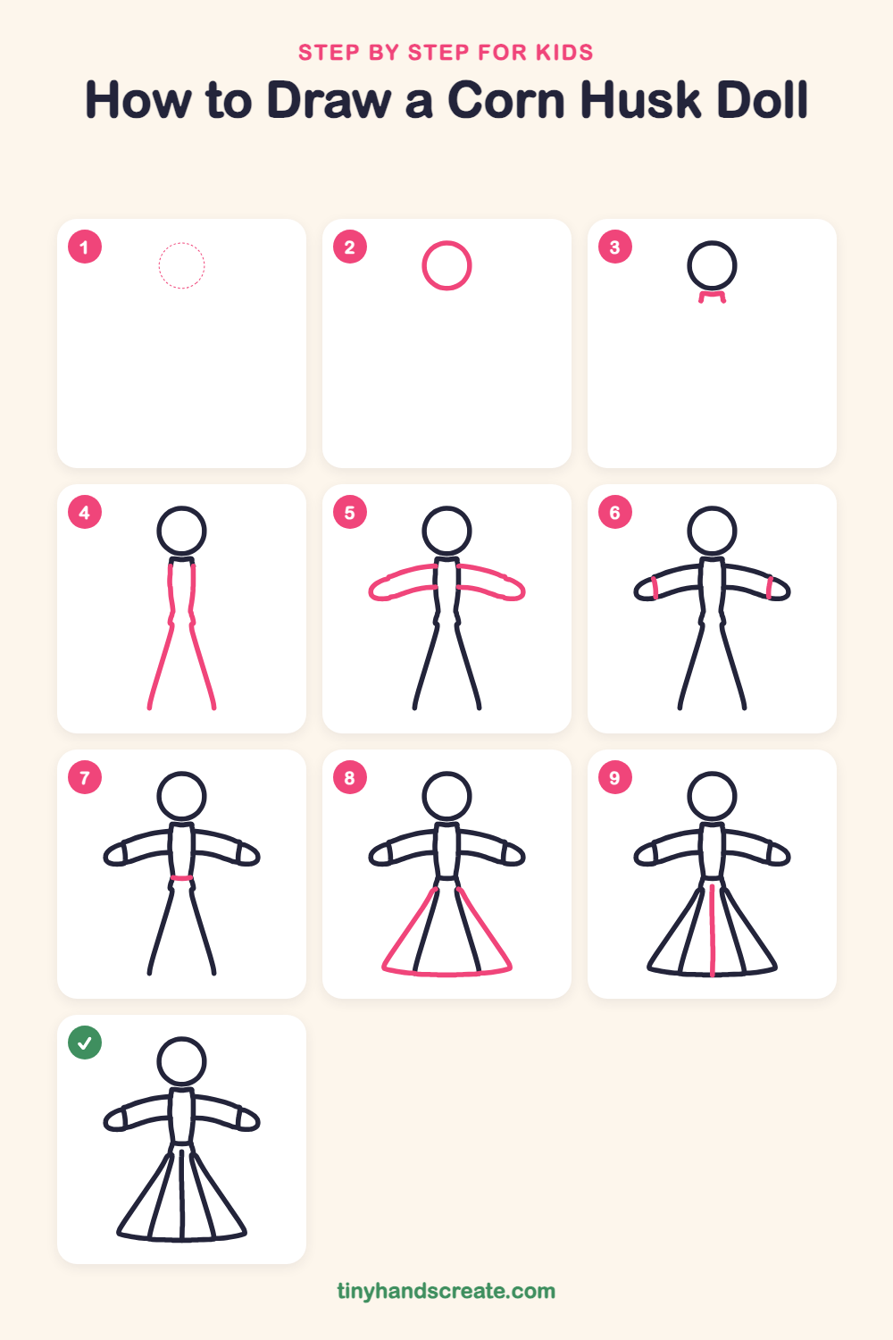 How to draw a corn husk doll step by step for kids
