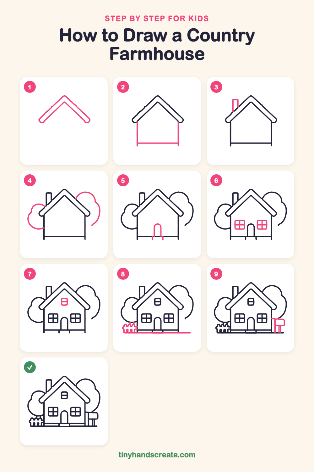 How to draw a country farmhouse step by step for kids