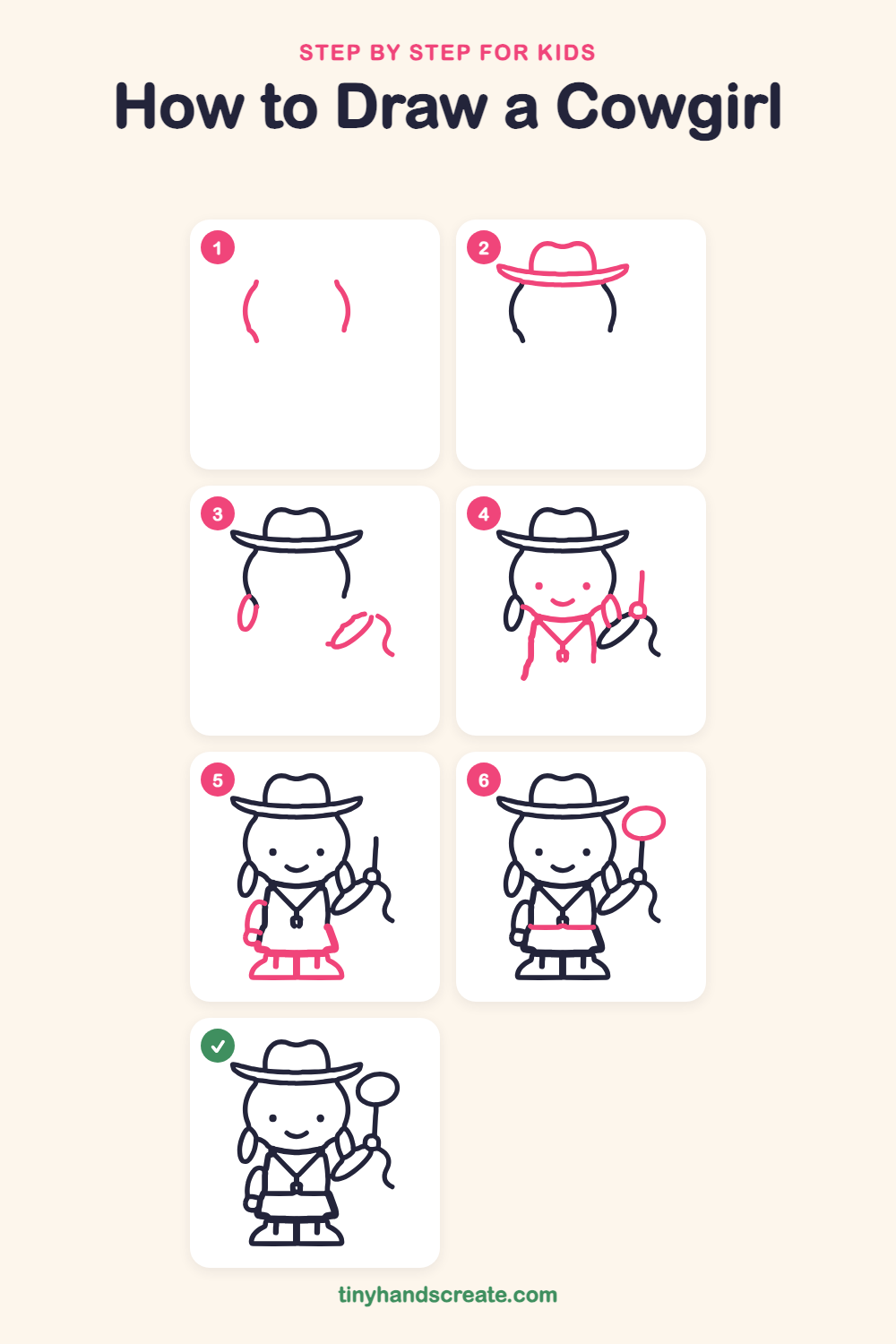How to draw a cowgirl step by step for kids