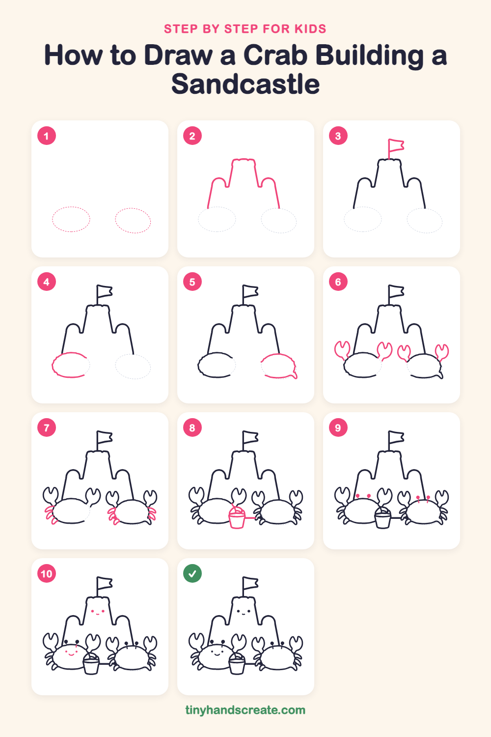 How to draw a crab building a sandcastle step by step for kids