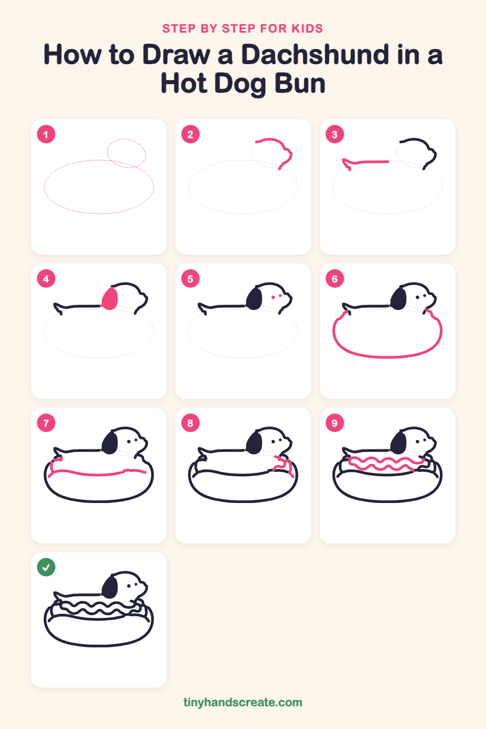 How to draw a dachshund in a hot dog bun step by step for kids