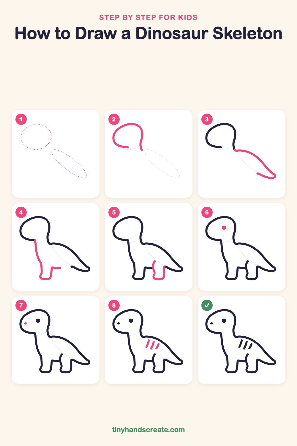 How to draw a dinosaur skeleton step by step for kids